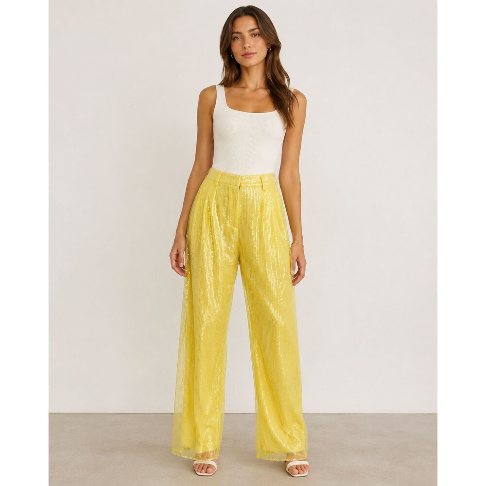 STAUD Yellow Sequin Straight Leg Pants Women’s Size 2 Party Evening